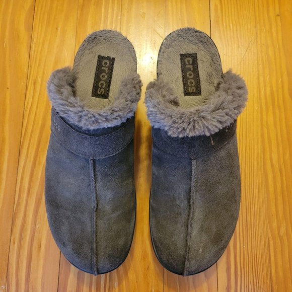 Crocs 9 Brown Leather Clogs Mules Chunky Heels Slip On Faux Fur Lined COBBLER EV - Picture 2 of 8